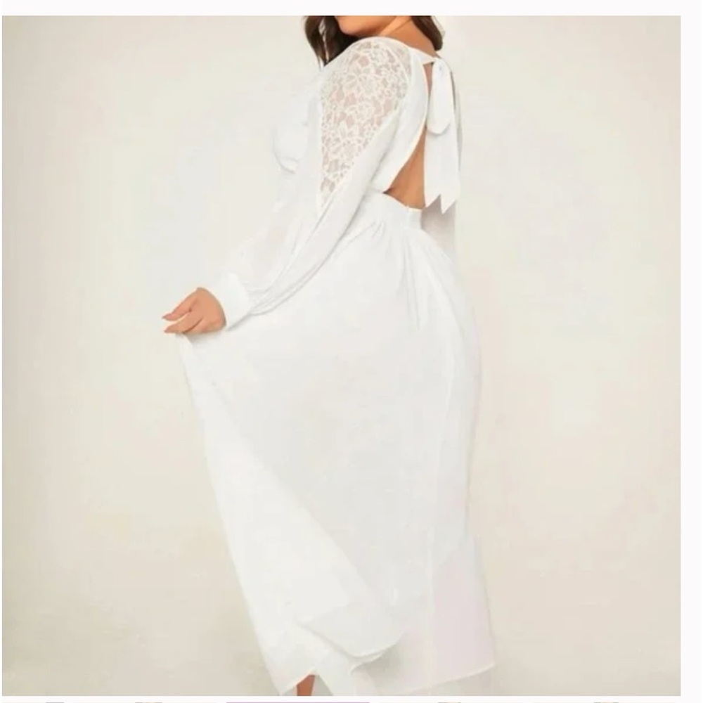 White dress simple wedding lace tie back long sleeve